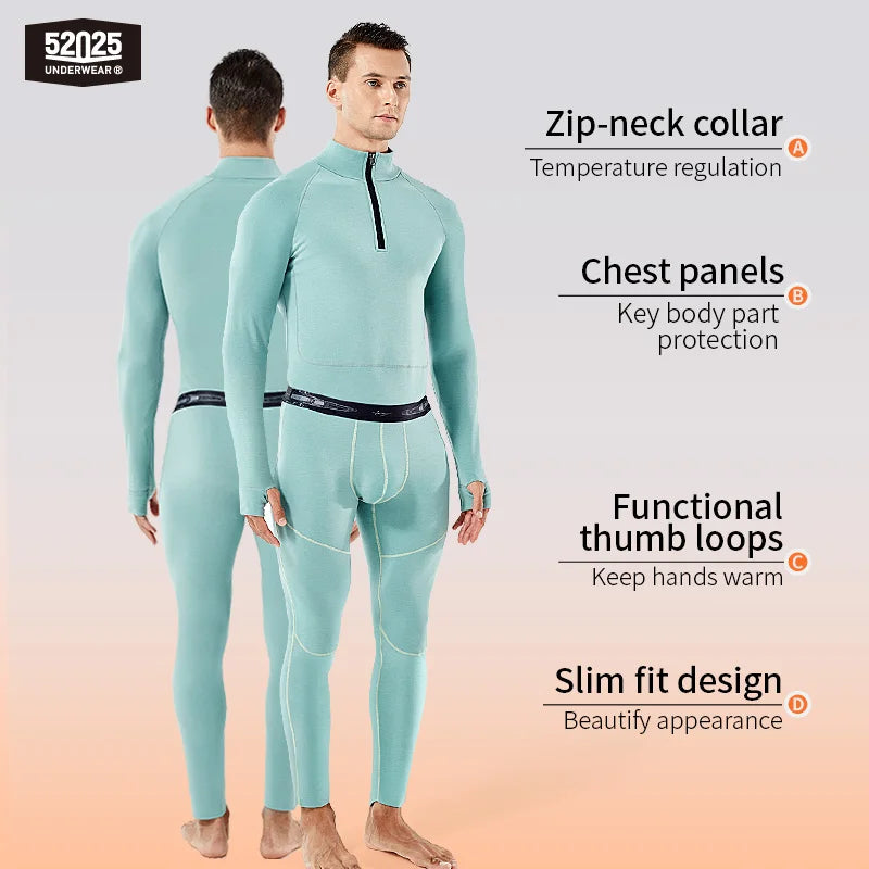 52025 Men's Warm Zip Thermal Underwear – Premium Merino Wool Blend for Ultimate Softness & Warmth. Functional Zip Base Layer