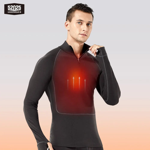 52025 Men's Warm Zip Thermal Underwear – Premium Merino Wool Blend for Ultimate Softness & Warmth. Functional Zip Base Layer