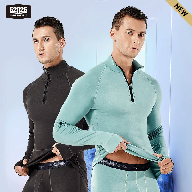 52025 Men's Warm Zip Thermal Underwear – Premium Merino Wool Blend for Ultimate Softness & Warmth. Functional Zip Base Layer