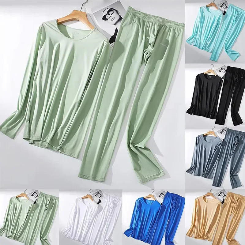 Fashion 2pcs Men's Thin Thermal Long Johns Set Solid Color Ice Silk Long Sleeve Tops+Bottoms Sleepwear Underwear Clothing Set