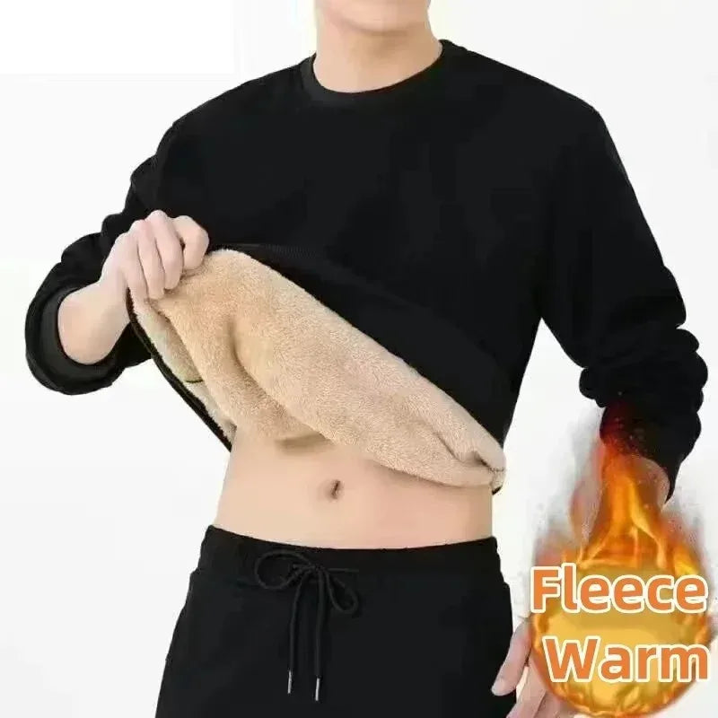 Men's New Winter Warm Fleece Lined T Shirt Thick Crew Neck Solid Basic Pullover Sweatshirt Thermal Comf Underwear Tops Clothing